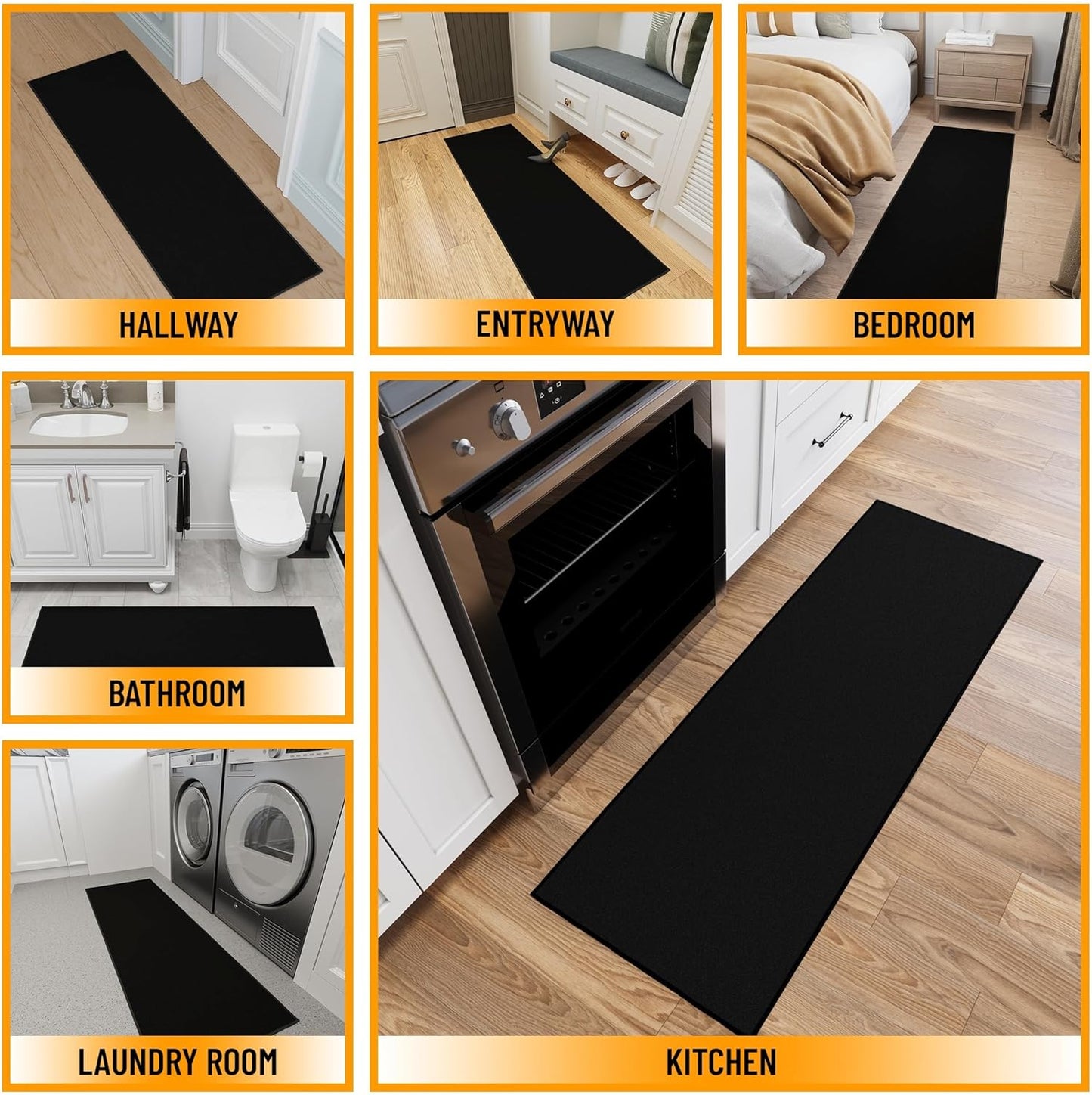 Ottomanson 2'2" x 6' Hallway Runner Rug – Non-Slip, Easy-Clean Solid Black Carpet for Entryway, Kitchen & Laundry