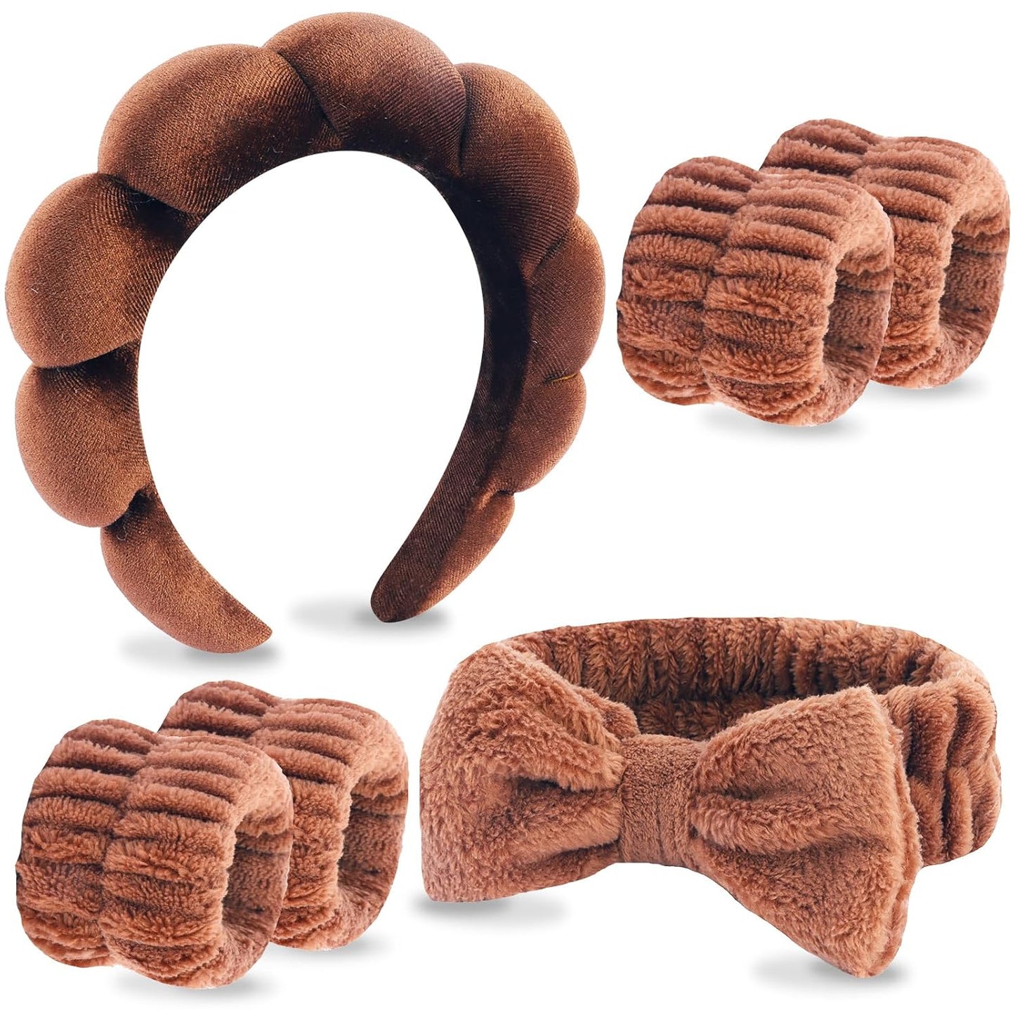 6 Pack Spa Headband, Makeup Headband, Face Wash Headbands, Skincare Headbands, Brown Sponge Hair Band Bow Tie Spa Head Band for Washing Face Wristband Set Hair Accessories for Women