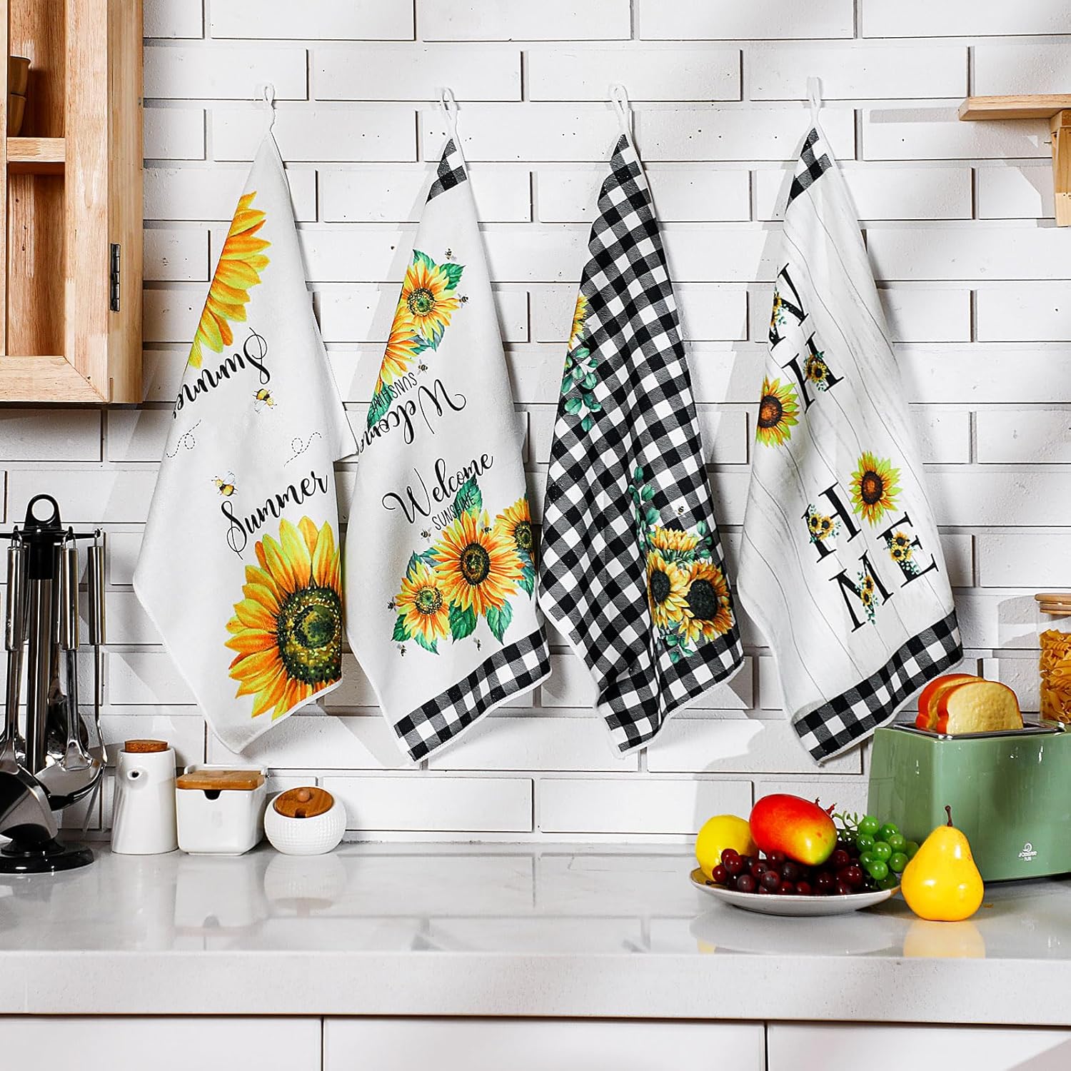 4-Pack Sunflower Kitchen Towels – Fast-Drying Floral Lemon Dish Towels (Yellow, Summer Decor)