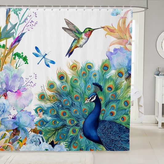 Peacock & Hummingbird Shower Curtain – 72x72” Navy Floral Nature Bathroom Curtain with Dragonfly Design, Waterproof with Hooks