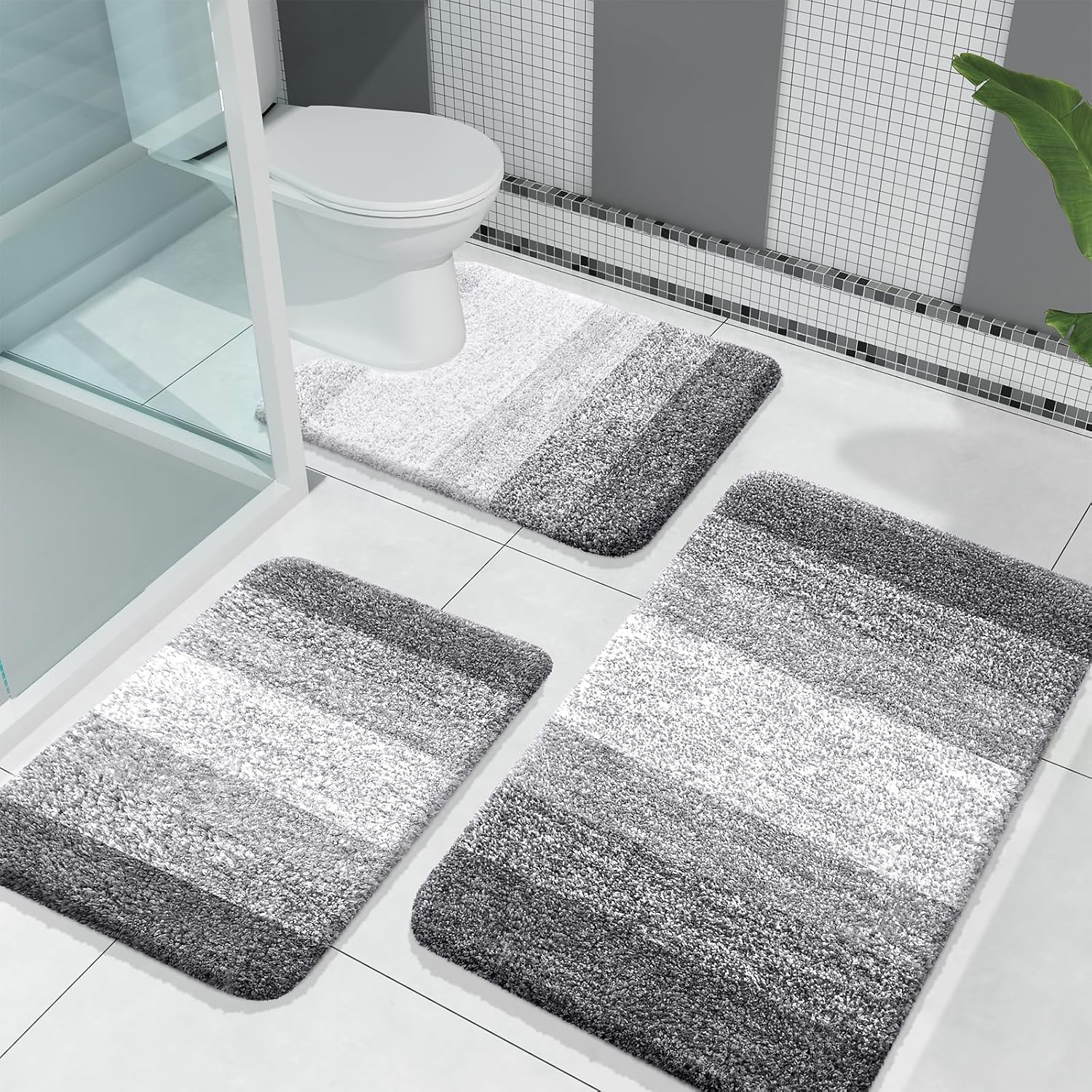 3-Piece Bathroom Rug Set – Soft Shaggy Microfiber Mats with Toilet Contour (Grey)
