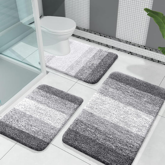 3-Piece Bathroom Rug Set – Soft Shaggy Microfiber Mats with Toilet Contour (Grey)