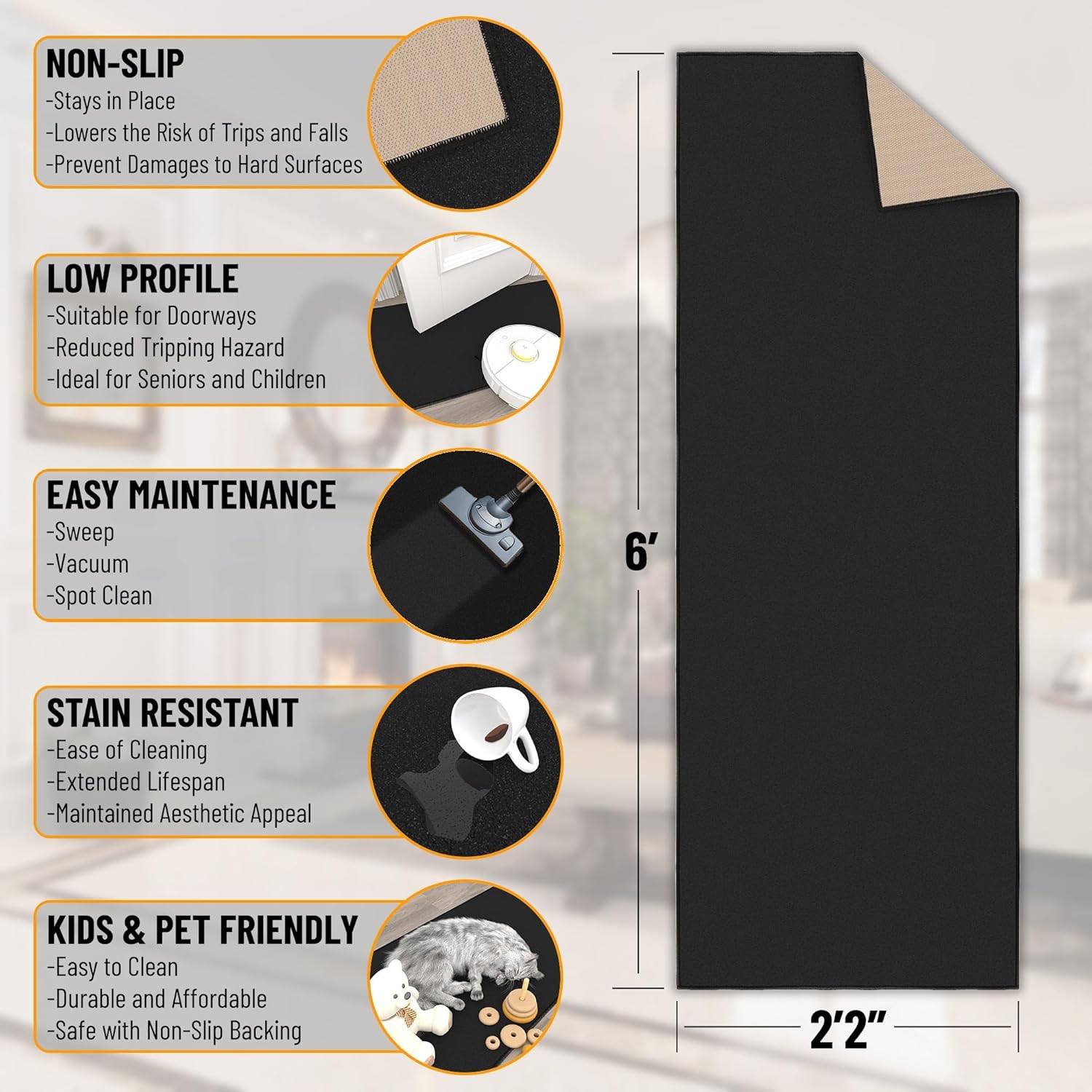 Ottomanson 2'2" x 6' Hallway Runner Rug – Non-Slip, Easy-Clean Solid Black Carpet for Entryway, Kitchen & Laundry