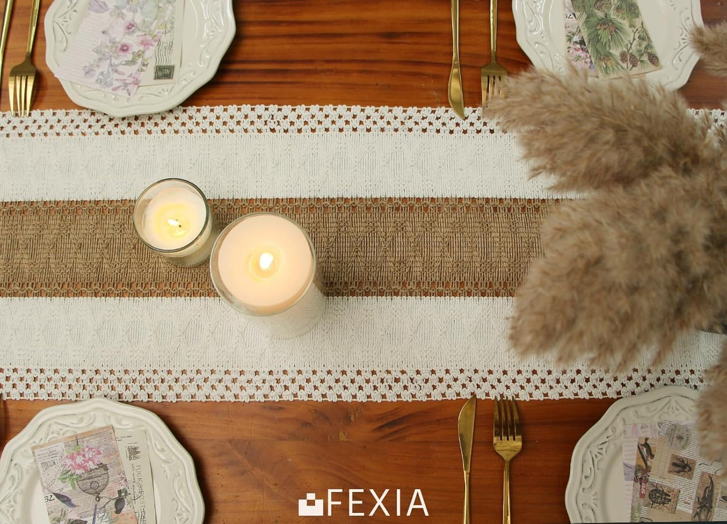 Boho Macrame Table Runner – 72" Rustic Farmhouse Burlap with Tassels