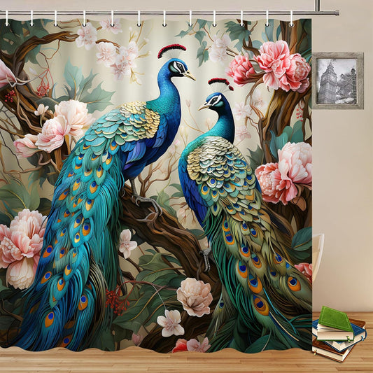 Peacock Shower Curtain – 70x70 Inch Bathroom Decor with Two Blue Peacocks & Pink Floral Scenery – Elegant Polyester Fabric with Hooks