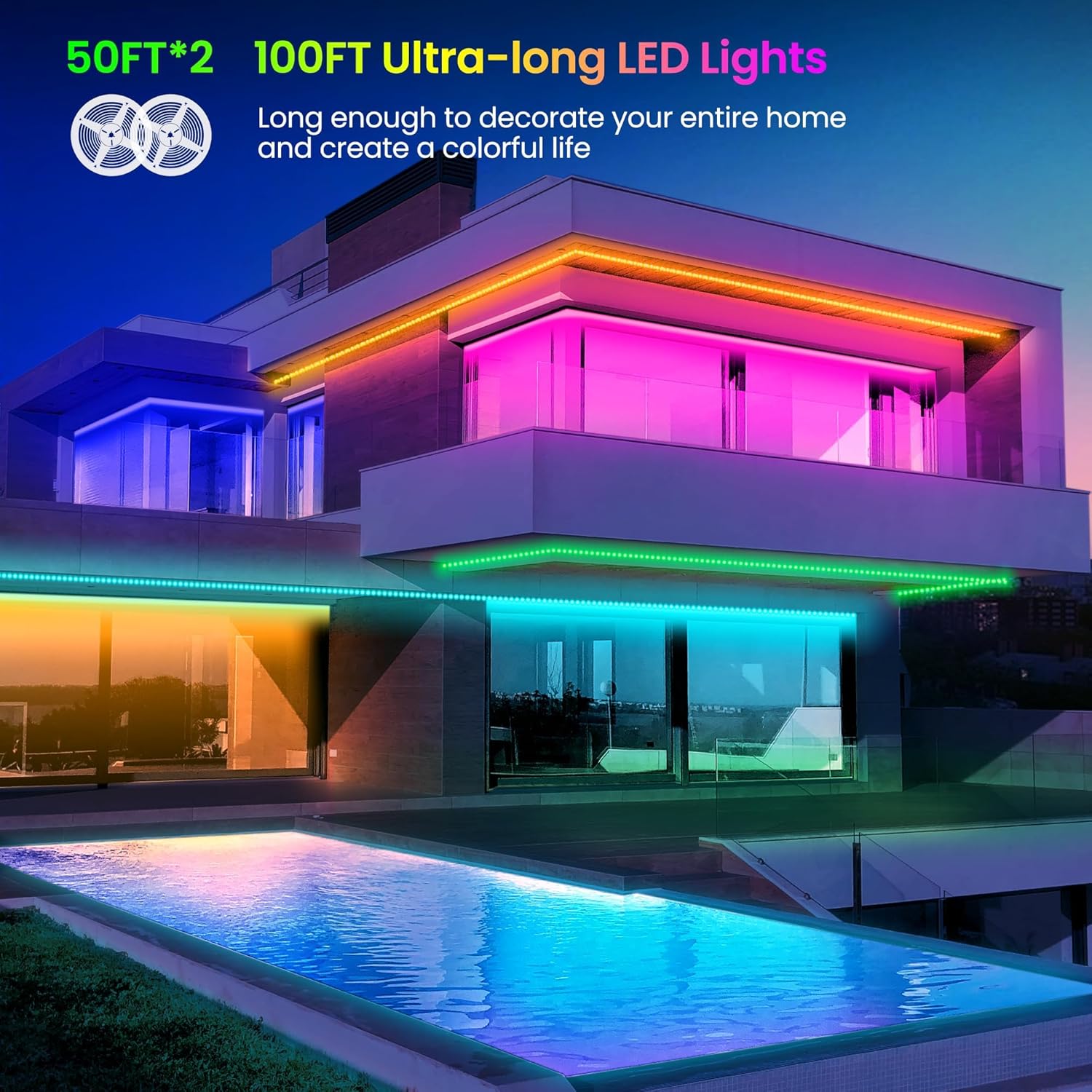 100FT LED Strip Lights – RGB Color Changing Lights with Bluetooth App, Music Sync, Remote Control for Bedroom & Party Decor