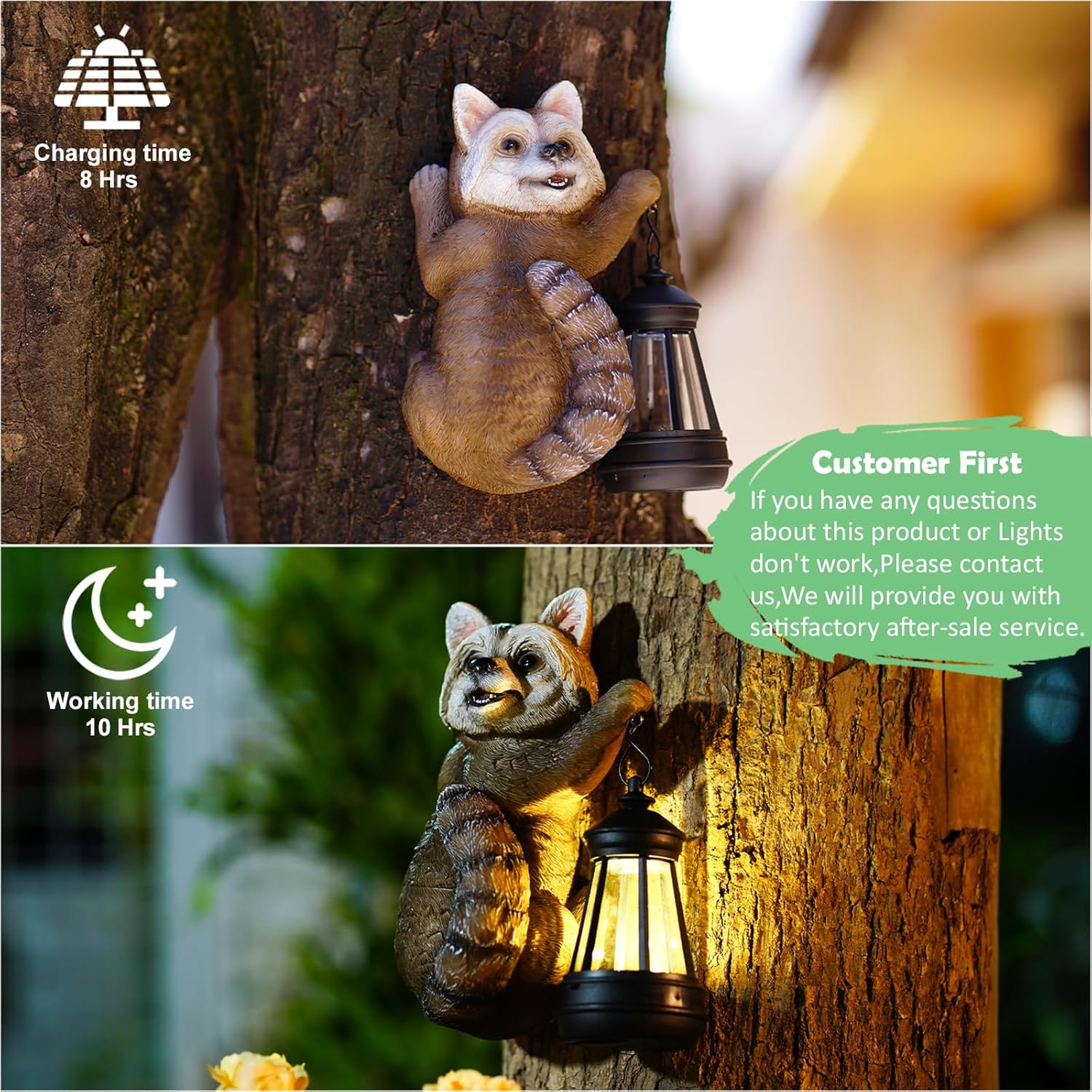 Raccoon Tree Hanger with Solar Lantern – 7.4” Outdoor Garden Decor Statue for Yard, Patio, or Fence | Charming Animal Gift for Women & Moms