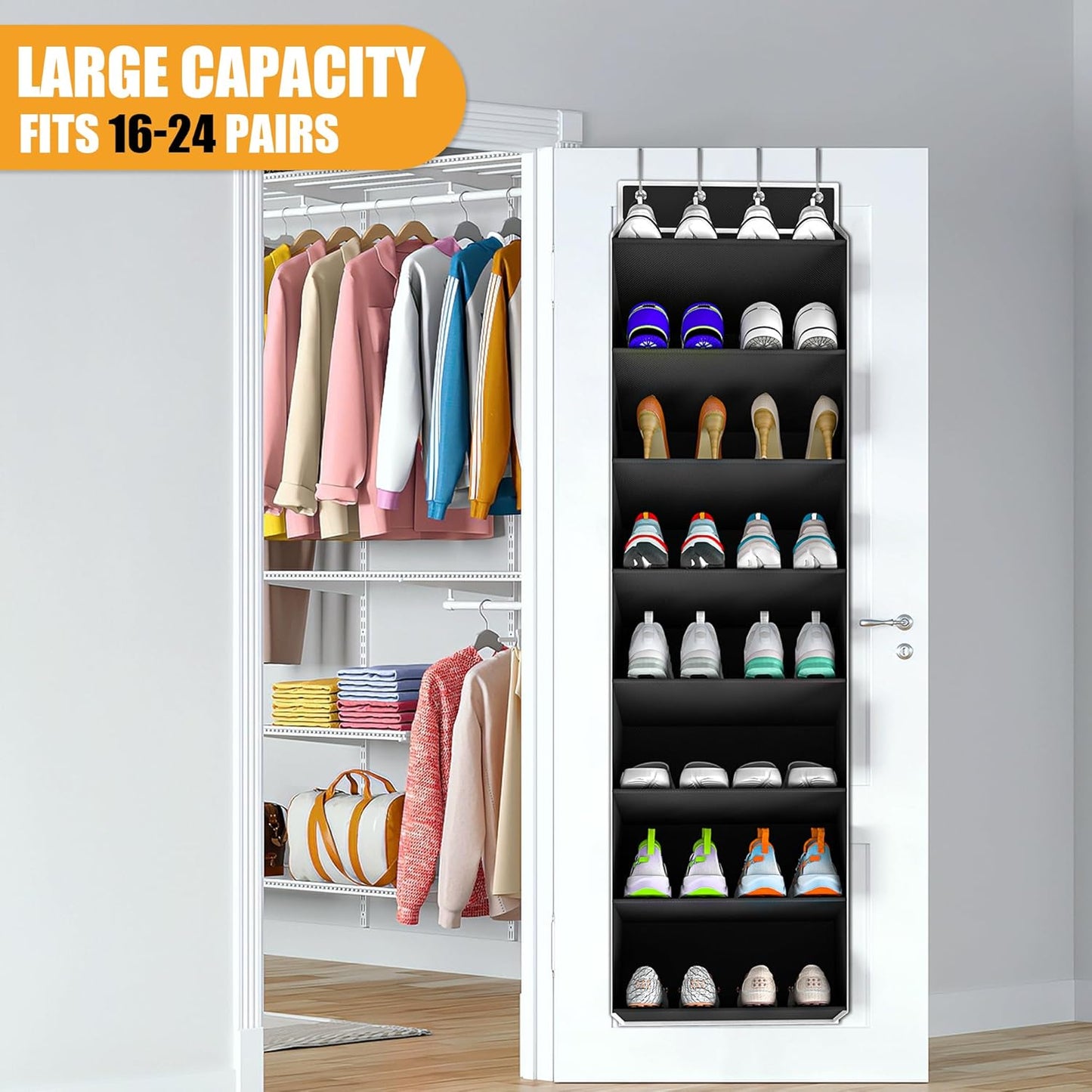 Over-the-Door Shoe Organizer – 24 Pocket Hanging Rack for Closet & Entryway (Black)