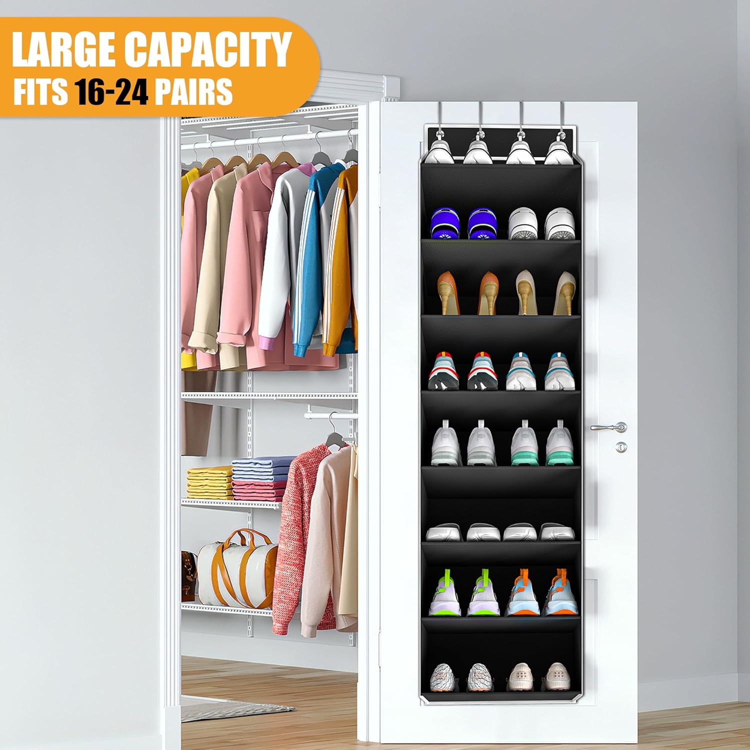 Over-the-Door Shoe Organizer – 24 Pocket Hanging Rack for Closet & Entryway (Black)