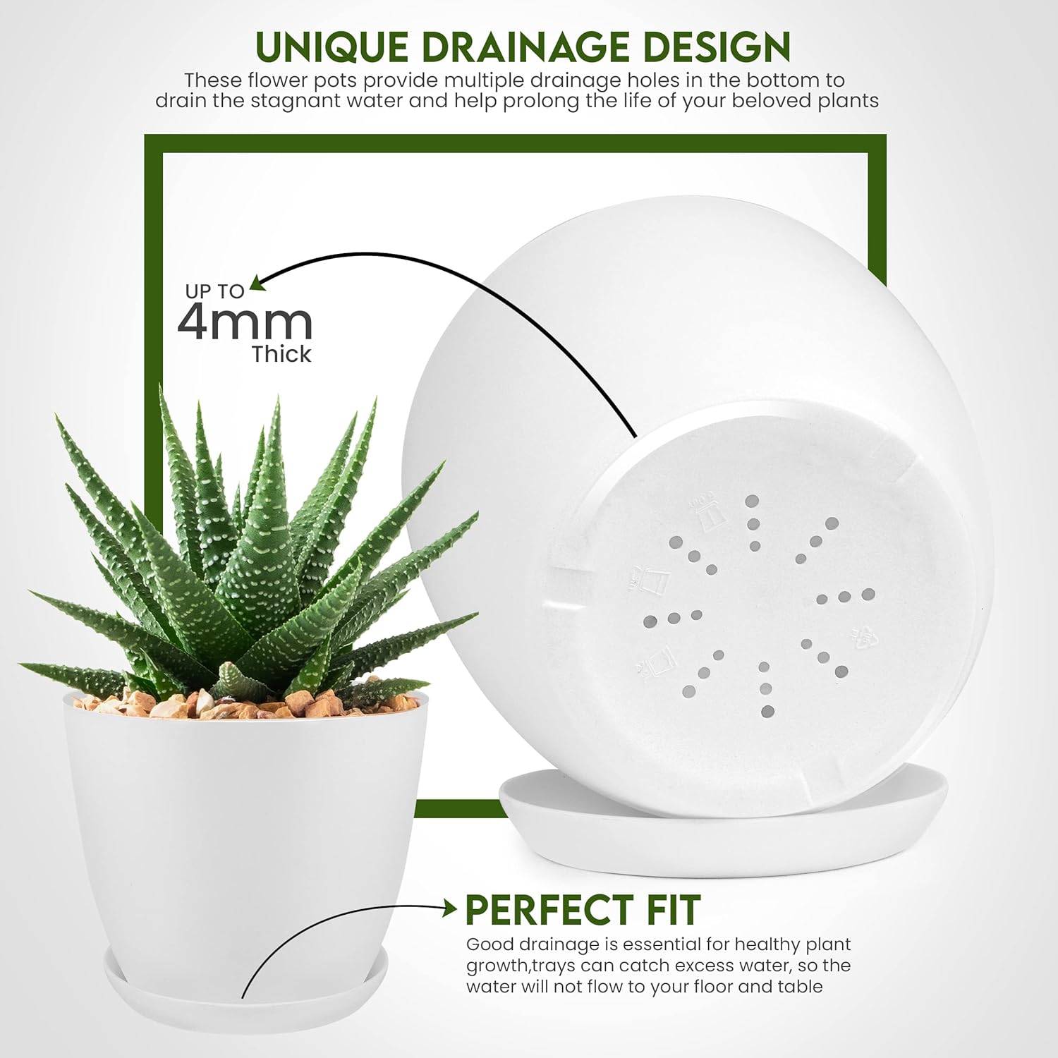 5-Pack White Indoor Plant Pots with Drainage – Modern Plastic Planters (7 to 4.8 Inches) for Home, Office & Gift Decor