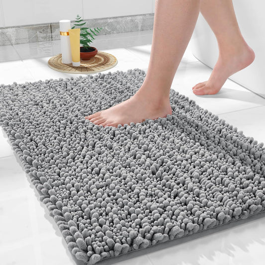 Non Slip Washable Chenille Bath Rug 24x17 – Soft Absorbent Quick-Dry Bathroom Mat, Gray