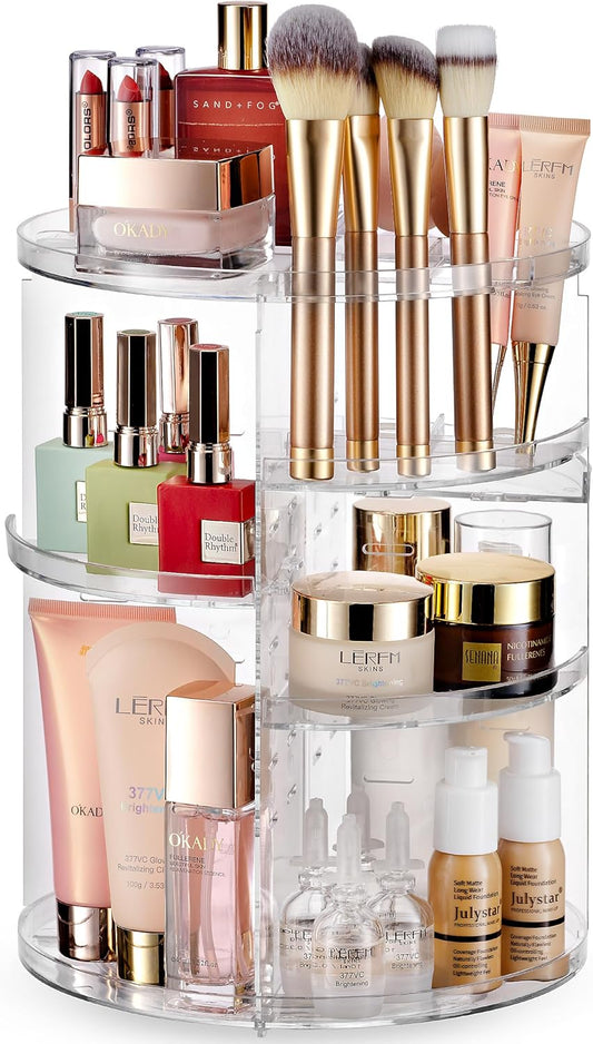 Masirs Rotating Makeup Organizer – Clear 360° Spinning Cosmetic Storage with Adjustable Shelves