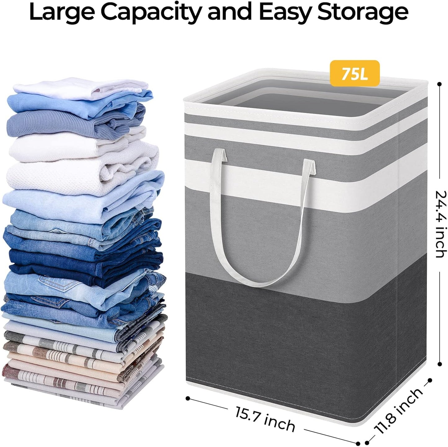 2-Pack Large Laundry Hampers – Collapsible Waterproof Baskets with Reinforced Handles (75L, Grey)