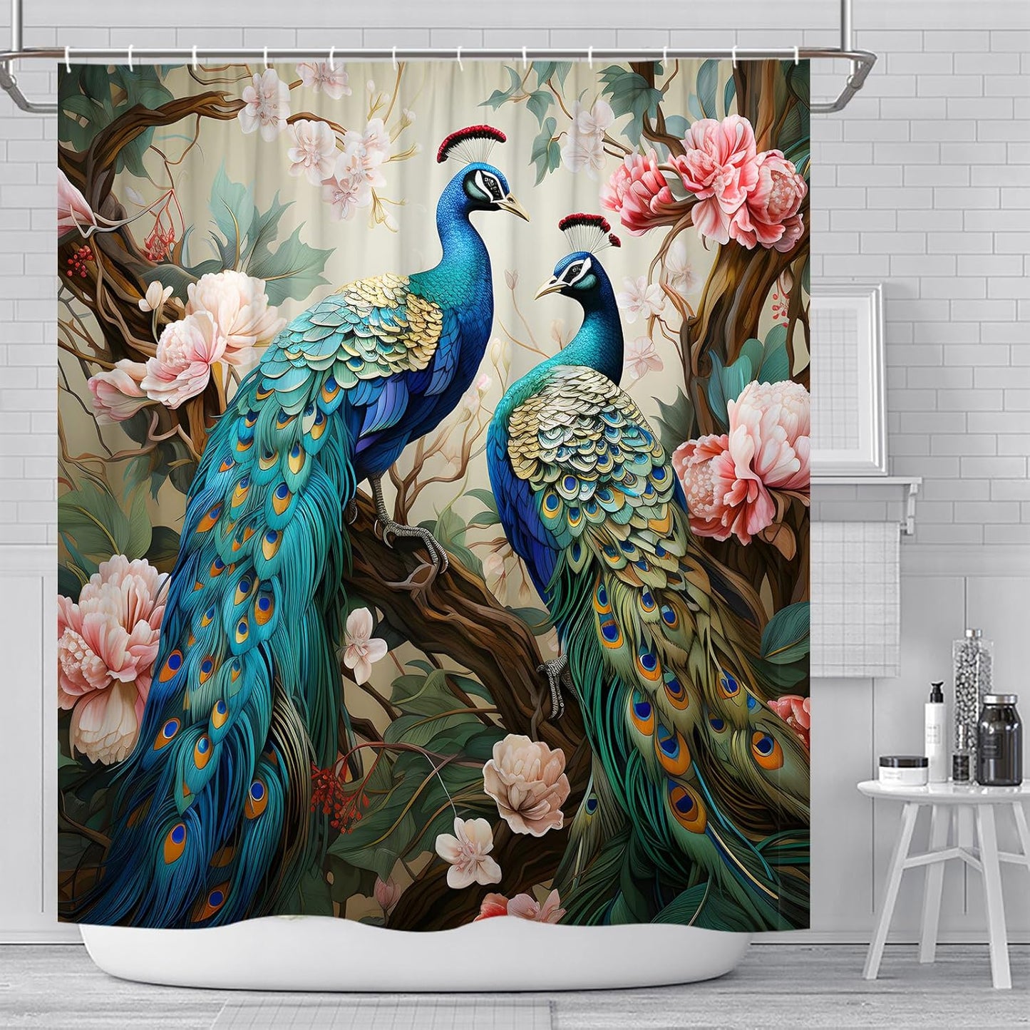 Peacock Shower Curtain – 70x70 Inch Bathroom Decor with Two Blue Peacocks & Pink Floral Scenery – Elegant Polyester Fabric with Hooks