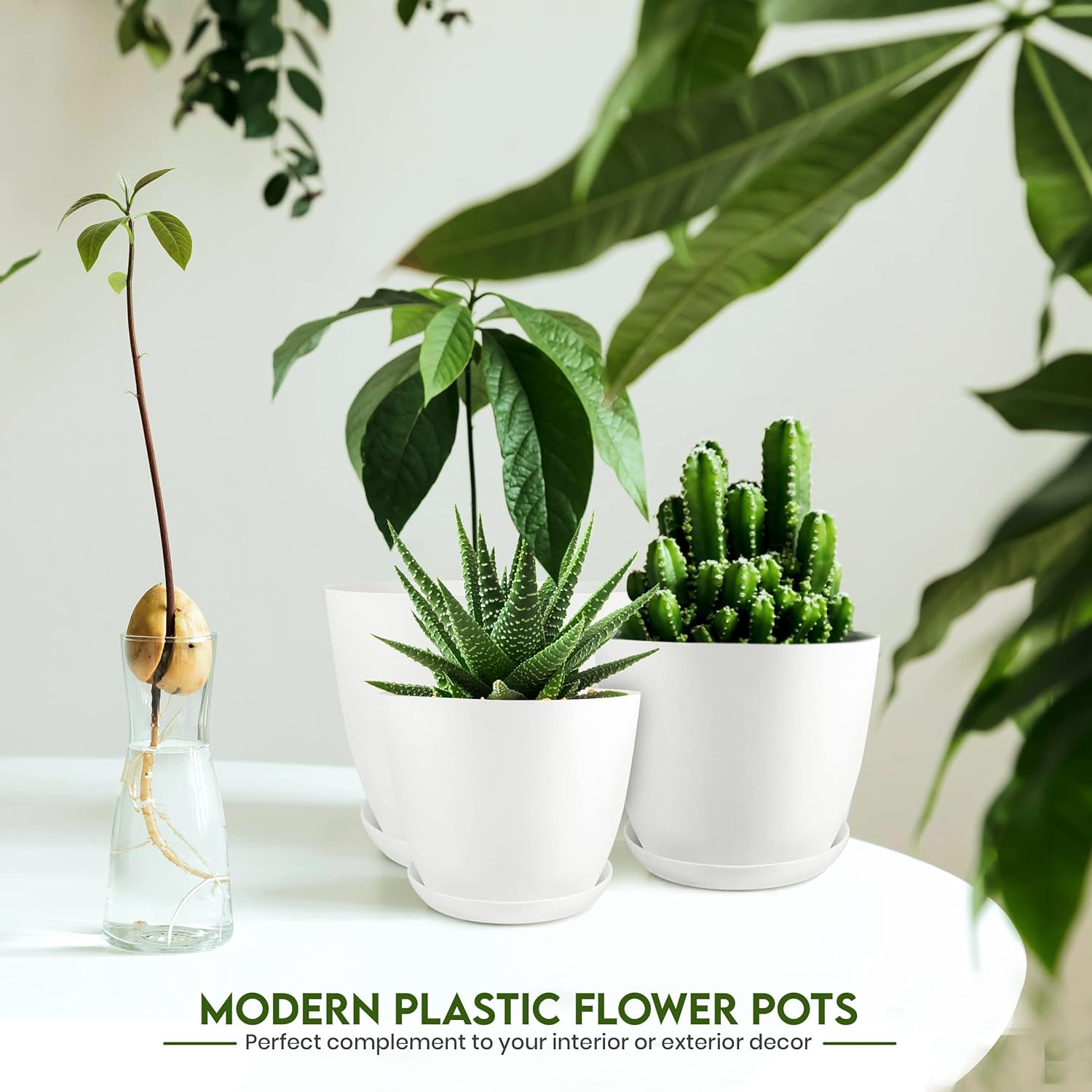 5-Pack White Indoor Plant Pots with Drainage – Modern Plastic Planters (7 to 4.8 Inches) for Home, Office & Gift Decor