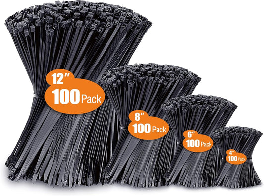 400 Pack UV-Resistant Black Zip Ties – Assorted Sizes (4”, 6”, 8”, 12”)