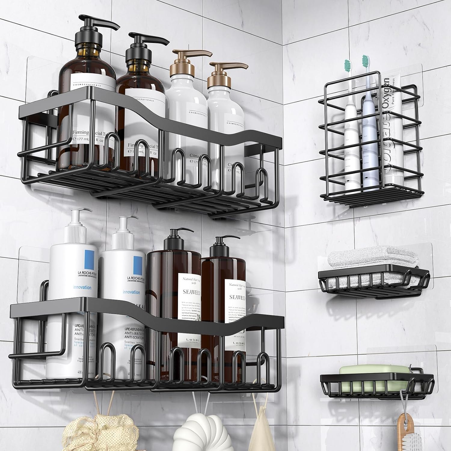 5-Pack Adhesive Shower Caddy – Rustproof Stainless Steel Bathroom Organizer Shelves, Large Capacity, No-Drill Wall Mount Storage for Bath & Home