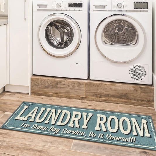 20"x59" Baby Blue Laundry Room Rug – Machine Washable Runner with Non-Slip Rubber Back for Bathroom, Washroom & Entryway