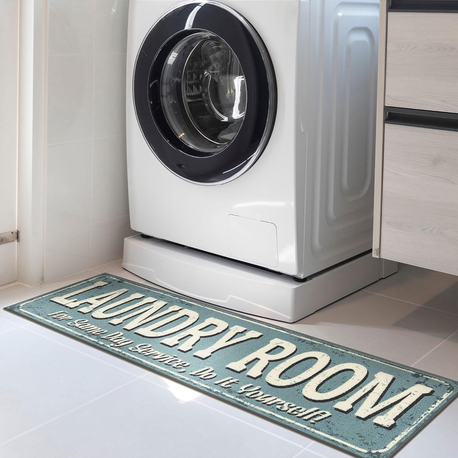 20"x59" Baby Blue Laundry Room Rug – Machine Washable Runner with Non-Slip Rubber Back for Bathroom, Washroom & Entryway