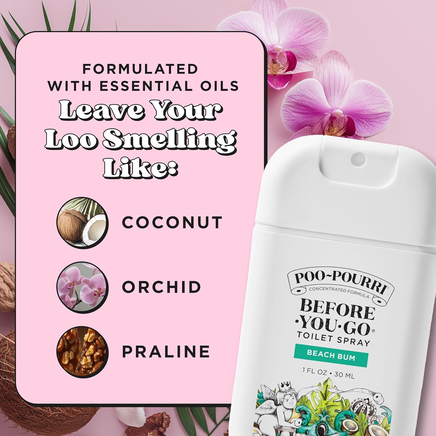 Before-You-Go Toilet Spray – Beach Scent (Coconut, Orchid & Praline) Pocket Odor Eliminator with Essential Oils