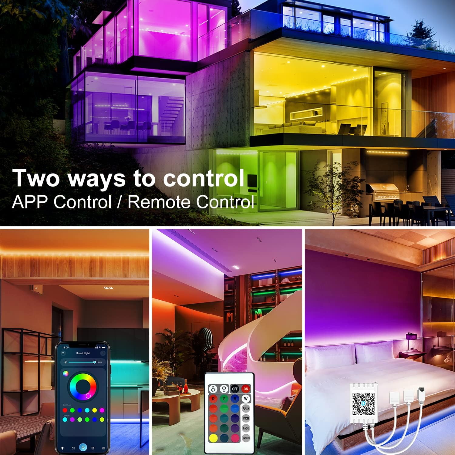 Smart LED Strip Lights 200Ft – 2 Rolls of 100Ft RGB Color Changing Lights with Remote & App Control, Music Sync for Bedroom & Party Decor