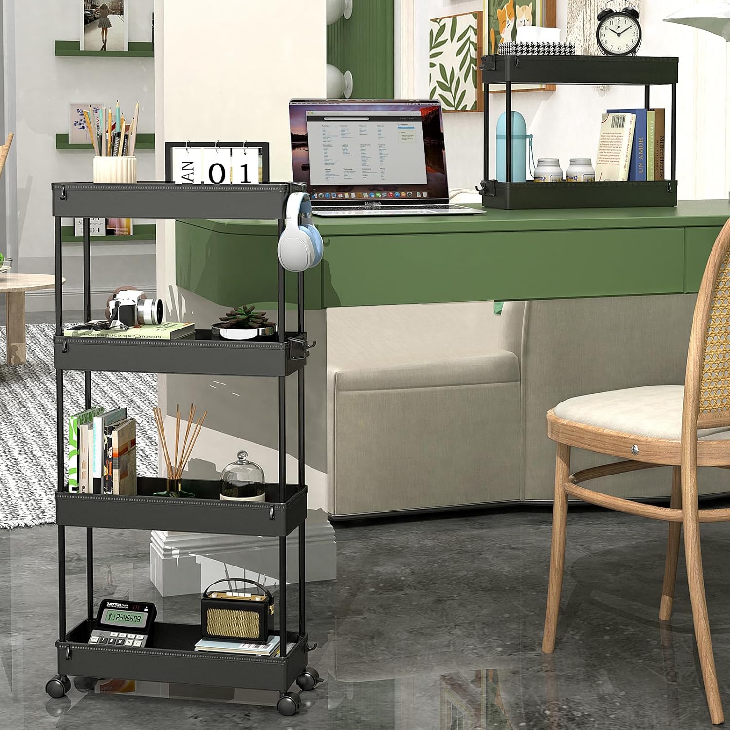 Slim Rolling Storage Cart 4 Tier Organizer Mobile Shelving Unit Utility Cart Tower Rack for Kitchen Bathroom Laundry Narrow Places, Black