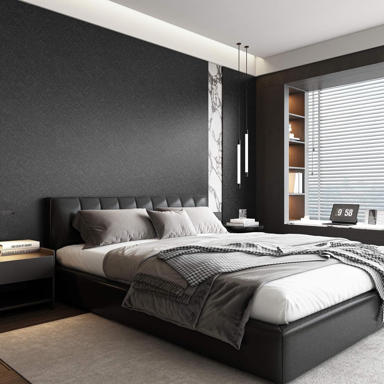Black Silk Embossed Peel & Stick Wallpaper – 15.7" x 118" Waterproof Self-Adhesive Vinyl Wrap