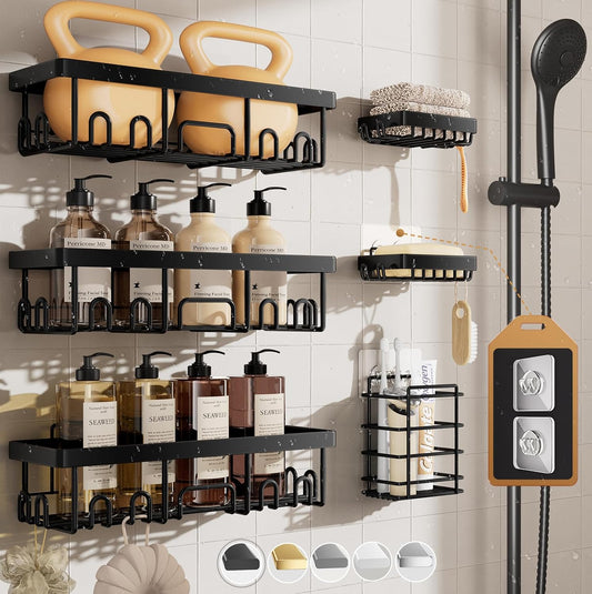 Stainless Steel Shower Caddy 6-Pack – No-Drill Wall-Mounted Bathroom Organizer with Soap Holder & Waterproof Adhesive Shelves