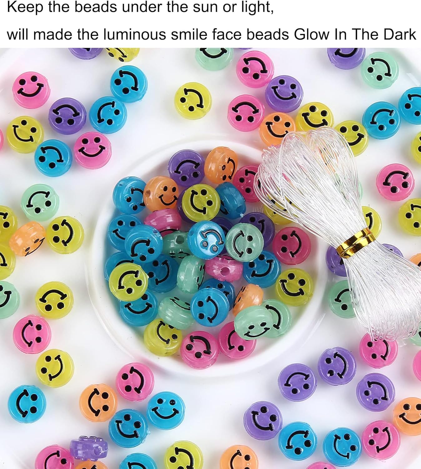 100pcs Luminous Smile Face Beads – 10mm Acrylic Spacer Charms for Jewelry Making