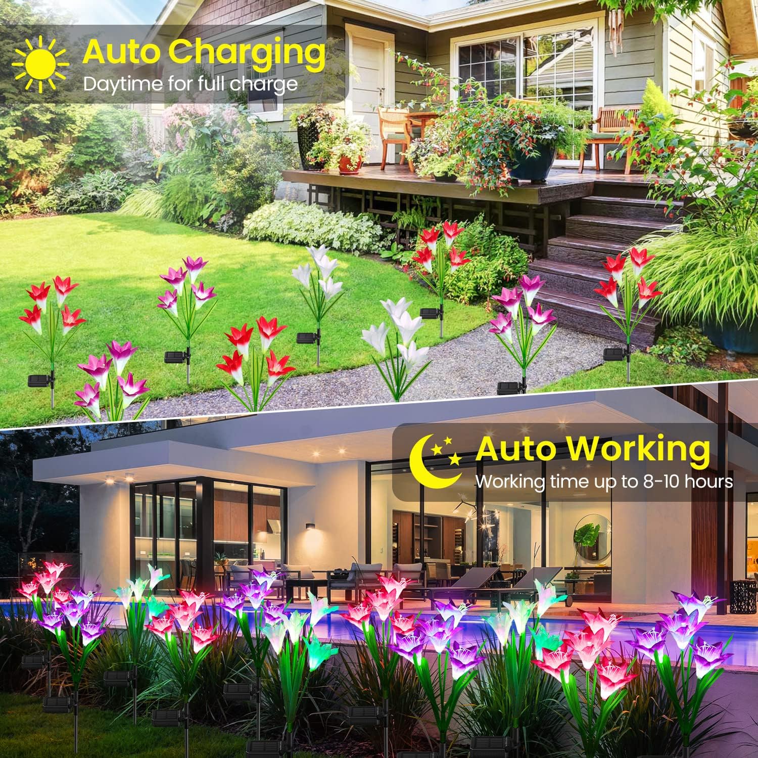 Outdoor Solar Lights, 4 Pack Solar Garden Light with Bigger Lily Flowers, Waterproof 7 Color Changing Solar Lights Outdoor - Bigger Panel for Patio Yard Garden Decoration, Gift for Mom
