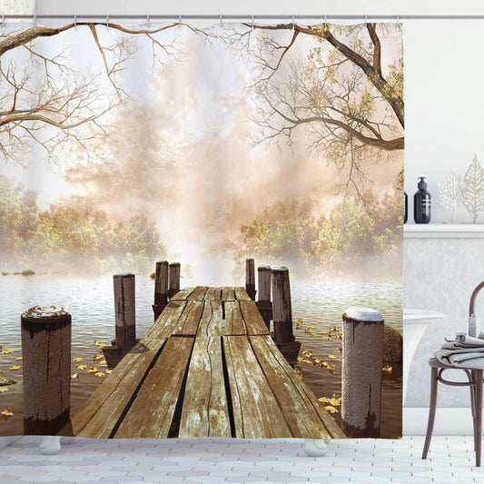 Autumn Lake Shower Curtain – 69x70" Fabric Bathroom Set with Hooks, Rustic Jetty & Foggy Forest Print in Brown Beige