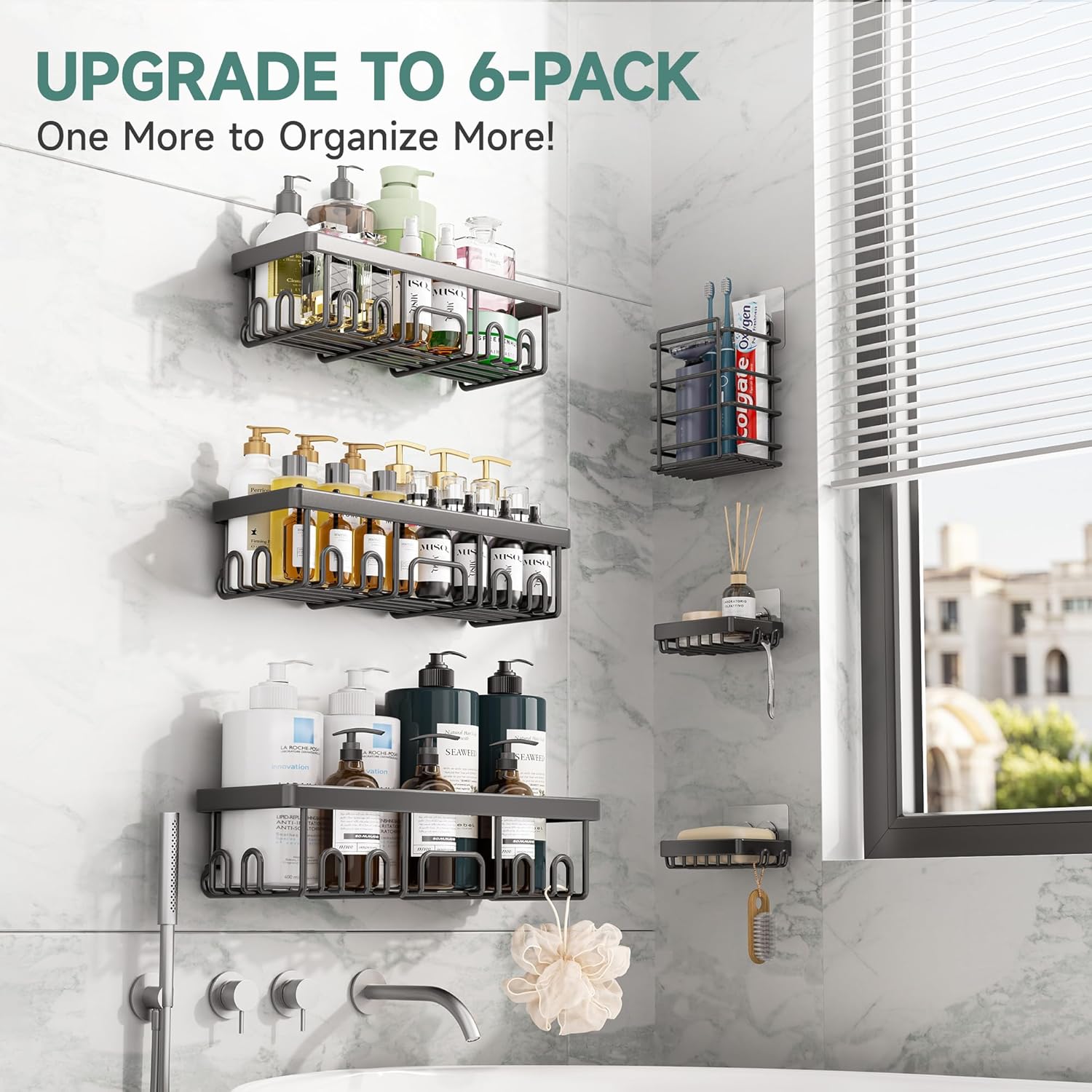 Stainless Steel Shower Caddy 6-Pack – No-Drill Wall-Mounted Bathroom Organizer with Soap Holder & Waterproof Adhesive Shelves