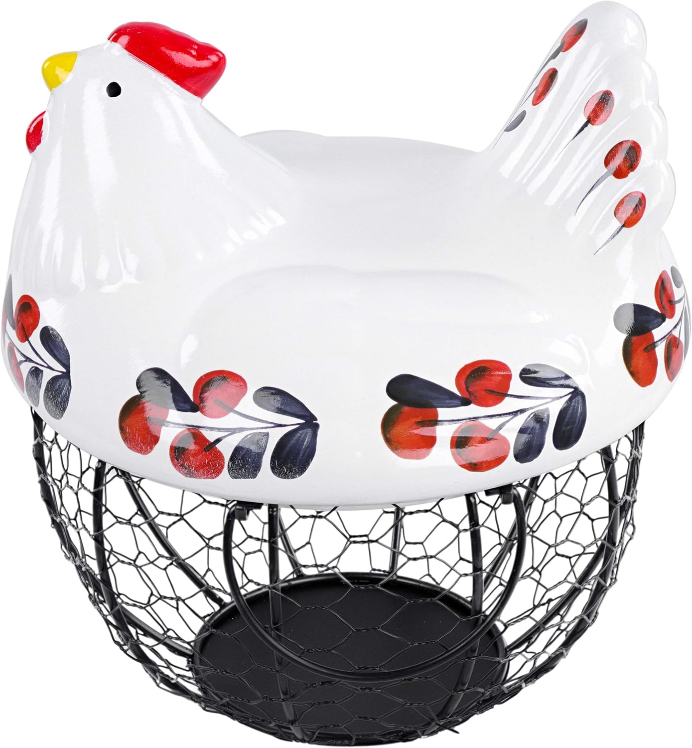 Ceramic Chicken Egg Basket – Navy & Red Farmhouse Storage with Wire Base