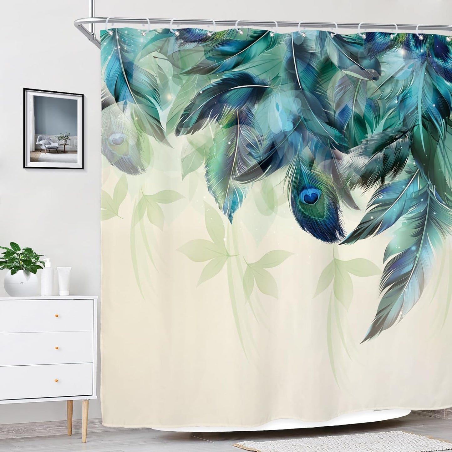 Teal Peacock Feather Shower Curtain – 72x72” Watercolor Turquoise Floral Bathroom Decor with Hooks