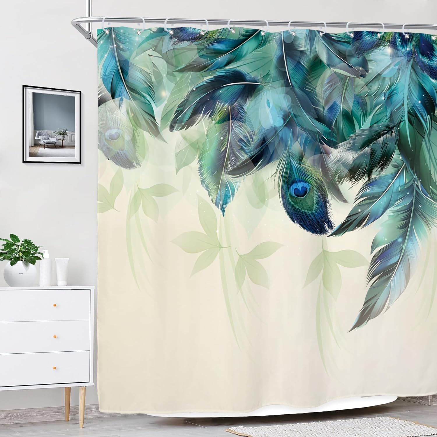 Teal Peacock Feather Shower Curtain – 72x72” Watercolor Turquoise Floral Bathroom Decor with Hooks