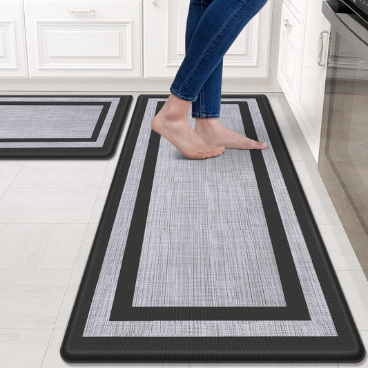 2-Piece Anti-Fatigue Cushioned Kitchen Mat Set – Waterproof, Non-Slip Ergonomic Floor Rugs (Black & Gray)
