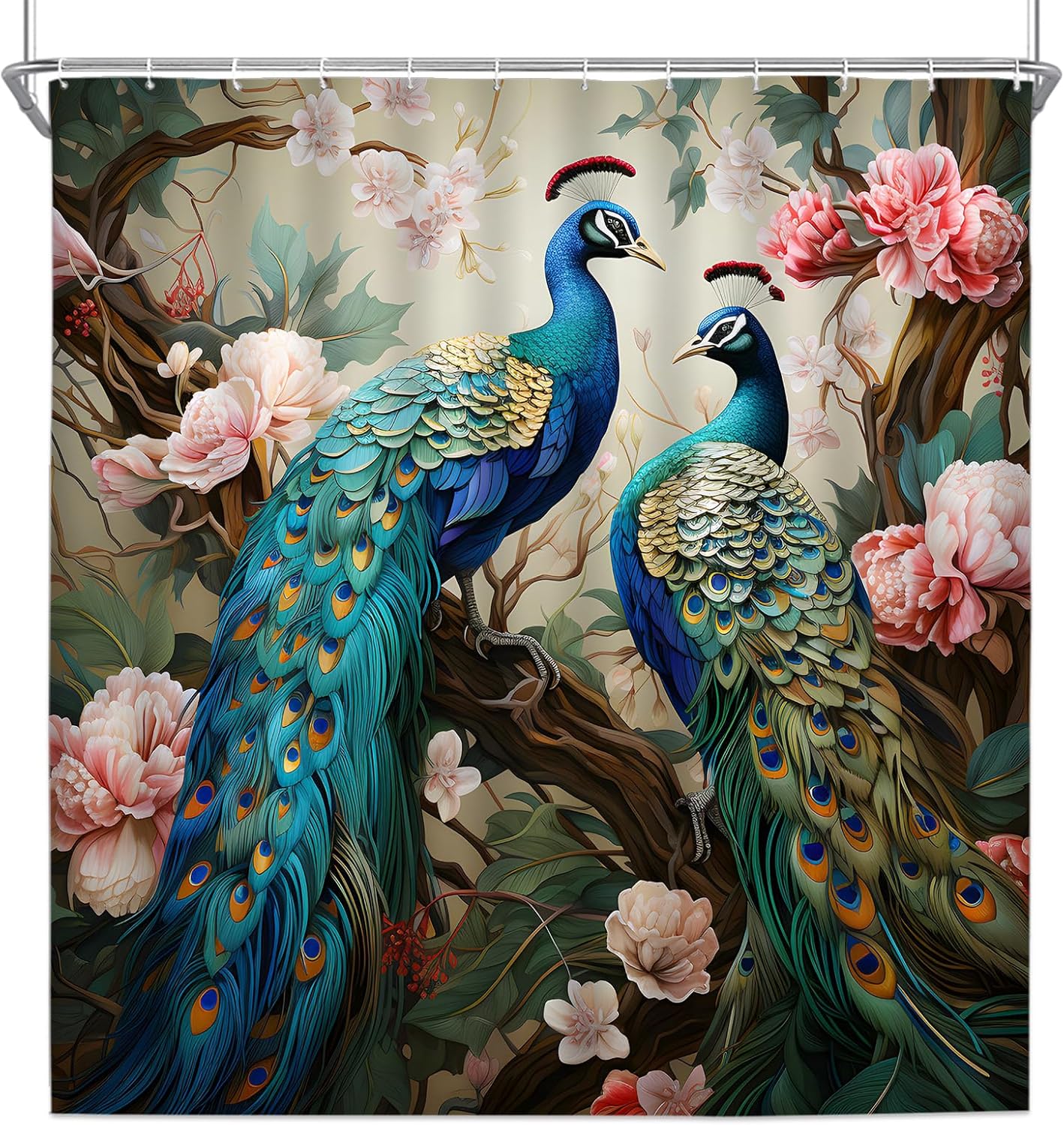 Peacock Shower Curtain – 70x70 Inch Bathroom Decor with Two Blue Peacocks & Pink Floral Scenery – Elegant Polyester Fabric with Hooks