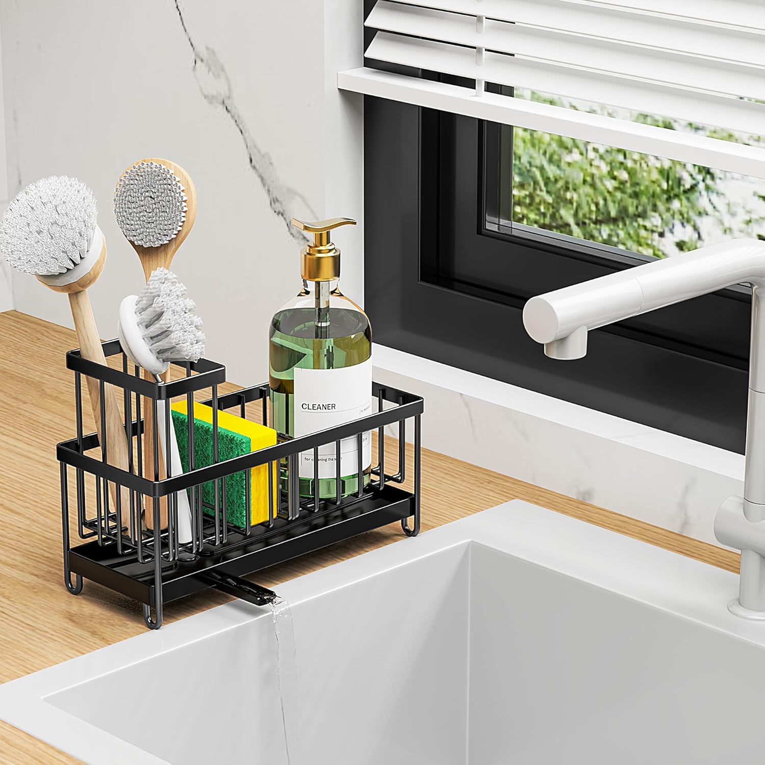 Black Sink Caddy Organizer – Rustproof Sponge Holder with Brush Slot & Soap Dispenser Space, 304 Stainless Steel