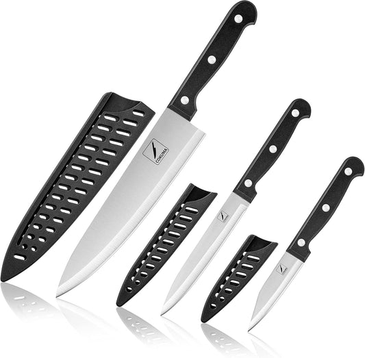 3-Piece Kitchen Knife Set – Stainless Steel Chef, Utility & Paring Knives with Sheaths (Black)
