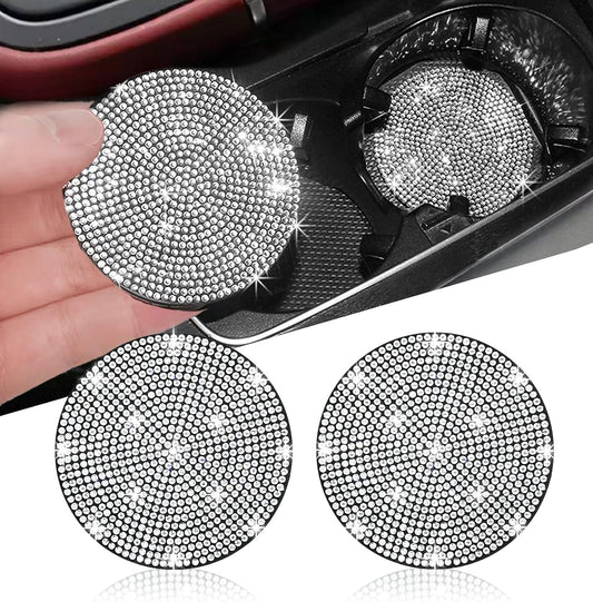 2Pcs Bling Car Cup Holder Coasters – White Crystal Rhinestone Anti-Slip Car Interior Accessories for Women (2.75 Inch)