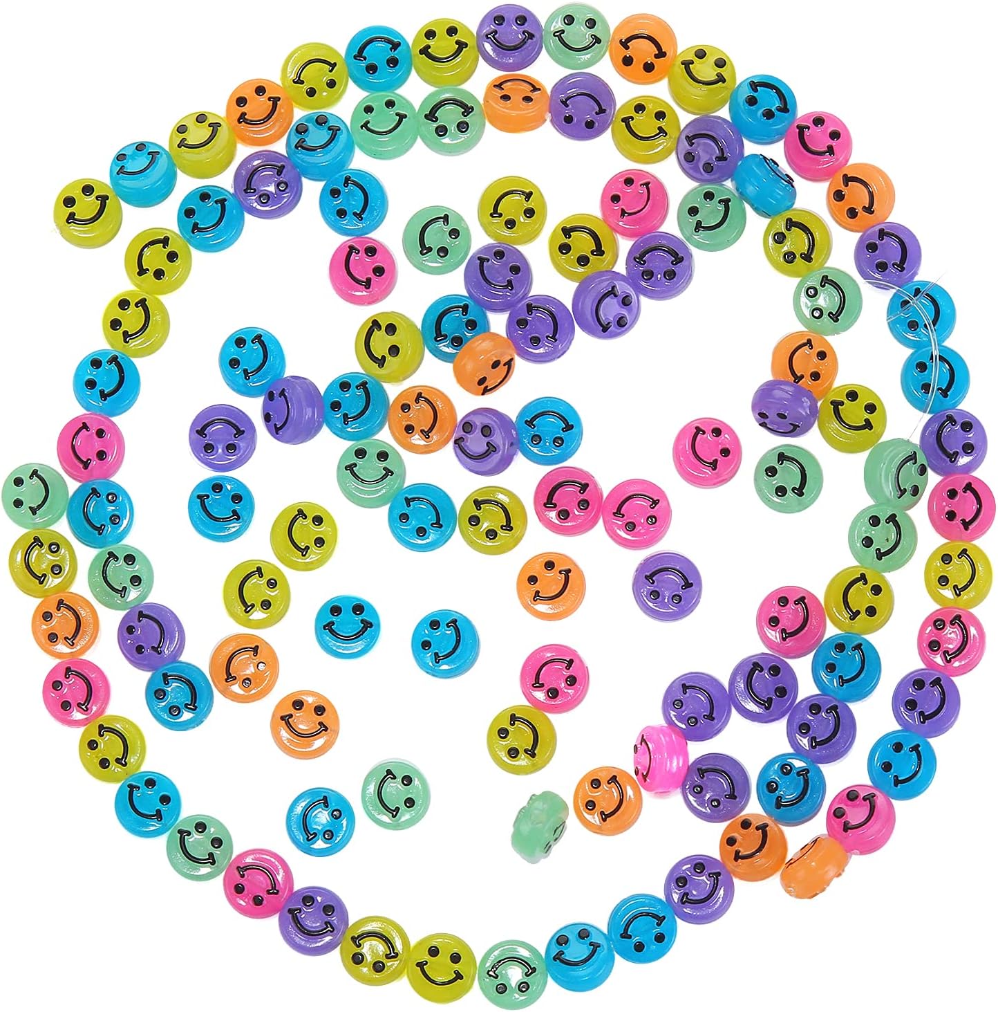 100pcs Luminous Smile Face Beads – 10mm Acrylic Spacer Charms for Jewelry Making