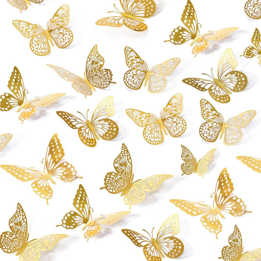 3D Gold Butterfly Wall Decor – 48 Pcs Removable Stickers in 4 Styles & 3 Sizes for Party, Birthday & Room Decor