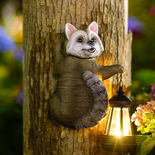 Raccoon Tree Hanger with Solar Lantern – 7.4” Outdoor Garden Decor Statue for Yard, Patio, or Fence | Charming Animal Gift for Women & Moms