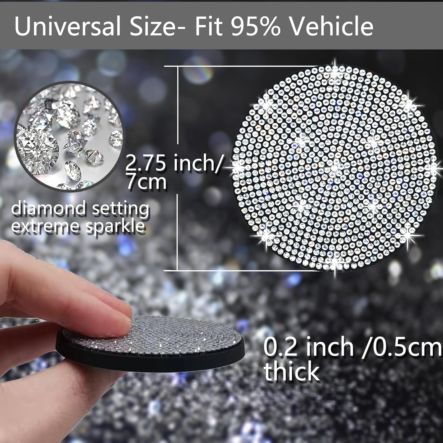 2Pcs Bling Car Cup Holder Coasters – White Crystal Rhinestone Anti-Slip Car Interior Accessories for Women (2.75 Inch)