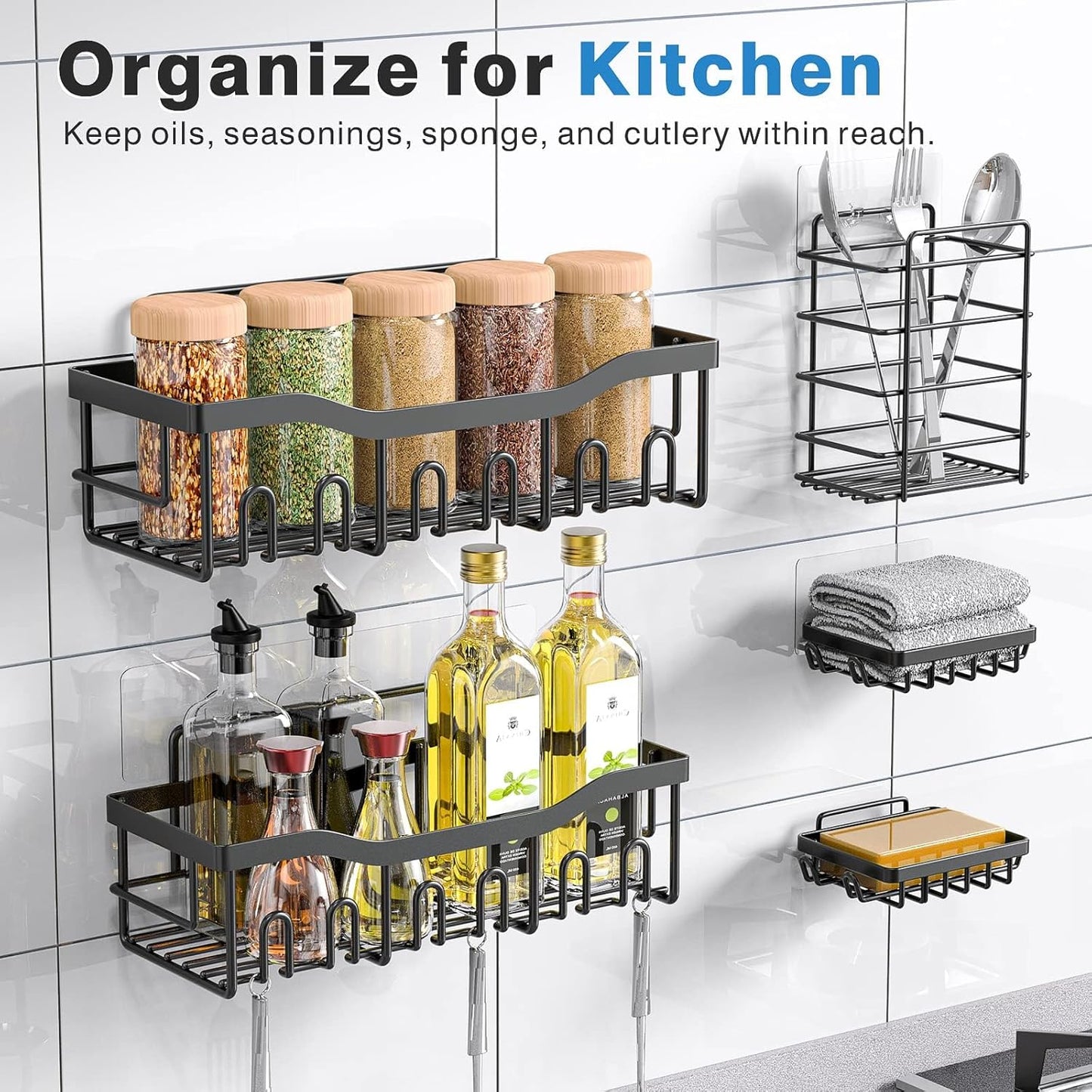 5-Pack Adhesive Shower Caddy – Rustproof Stainless Steel Bathroom Organizer Shelves, Large Capacity, No-Drill Wall Mount Storage for Bath & Home