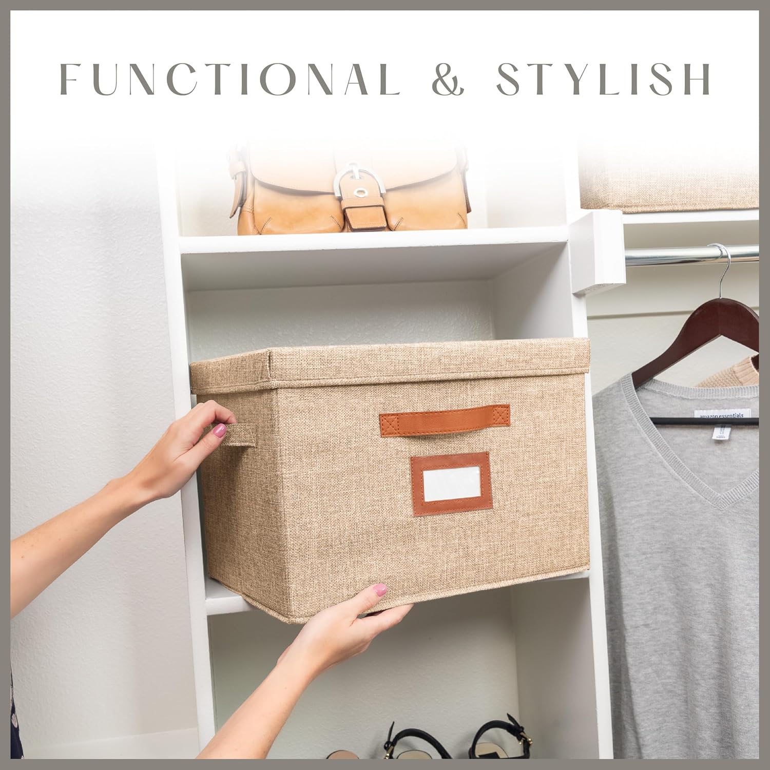 3-Pack Large Fabric Storage Boxes with Lids – Decorative Foldable Bins with Label Holder & Faux Handles (Oatmeal)