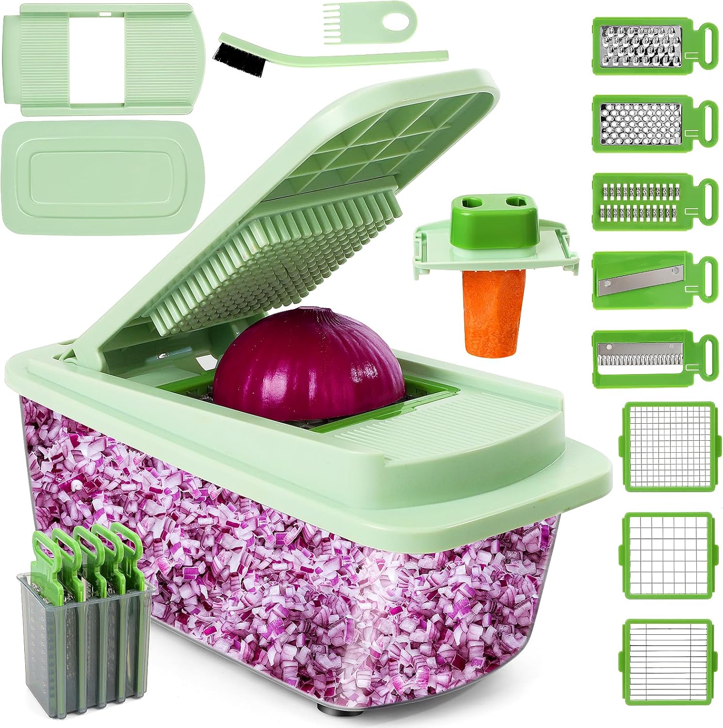16-in-1 Vegetable Chopper & Spiralizer – Multi-Blade Onion Cutter with Container