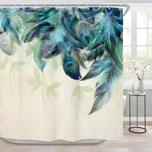 Teal Peacock Feather Shower Curtain – 72x72” Watercolor Turquoise Floral Bathroom Decor with Hooks