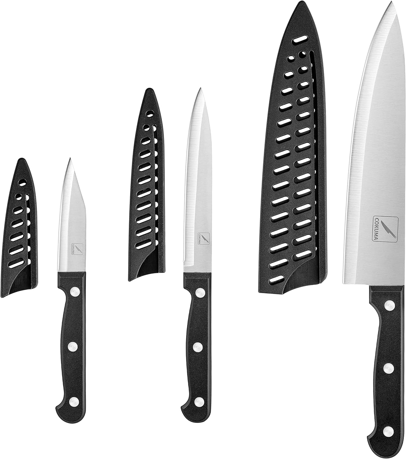 3-Piece Kitchen Knife Set – Stainless Steel Chef, Utility & Paring Knives with Sheaths (Black)