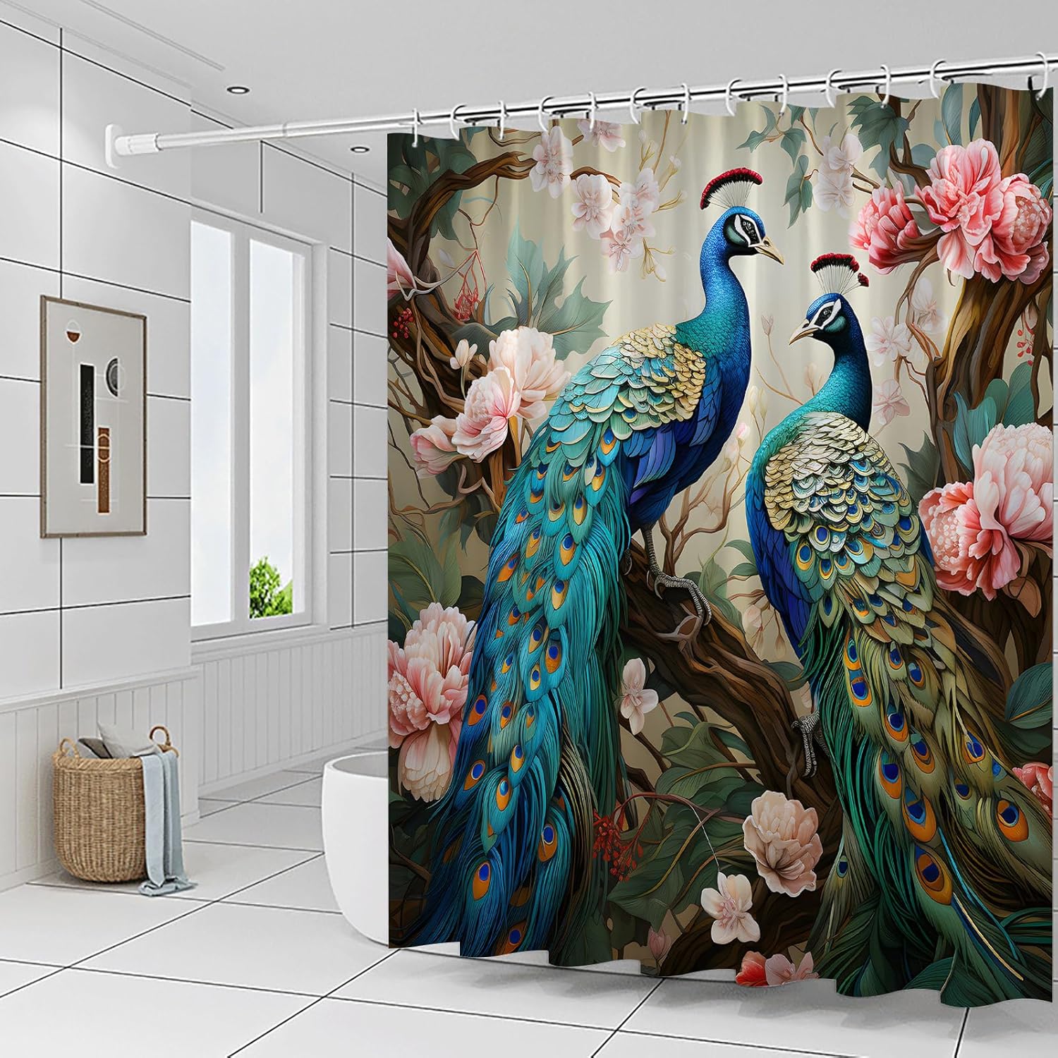 Peacock Shower Curtain – 70x70 Inch Bathroom Decor with Two Blue Peacocks & Pink Floral Scenery – Elegant Polyester Fabric with Hooks